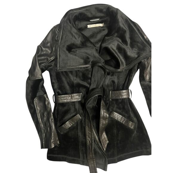 Blanc Noir Belted Drape Velour Jacket Black Soft Coat Size Large Mid Length - Picture 2 of 16